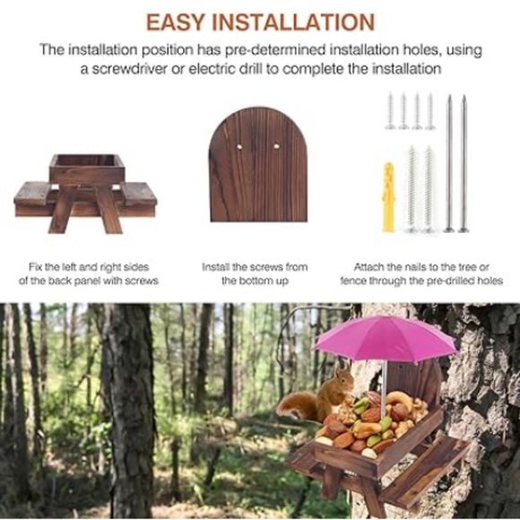 Squirrel & Chipmunk Miniature Wooden Picnic Table - Feeder w/ Removable Umbrella - Picture 5 of 10